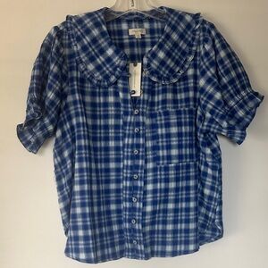 Pilcro Blue Plaid Button-Up Blouse with Peter Pan Collar